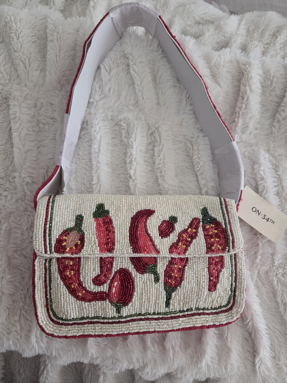 Hand-Beaded Chili Pepper Shoulder Bag in Cream and Red